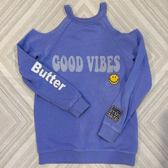 Butter Girls Cold Shoulder Purple ‘Good Vibes’ Patch Sweatshirt - Size L - Picture 1 of 7